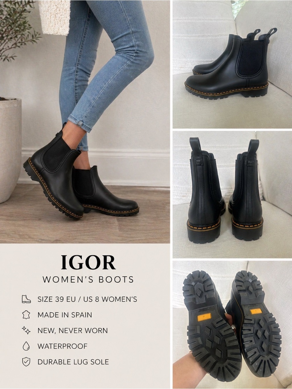 NEW Igor Black Chelsea Rain Boots EU 39 / US 8 Women’s Made in Spain